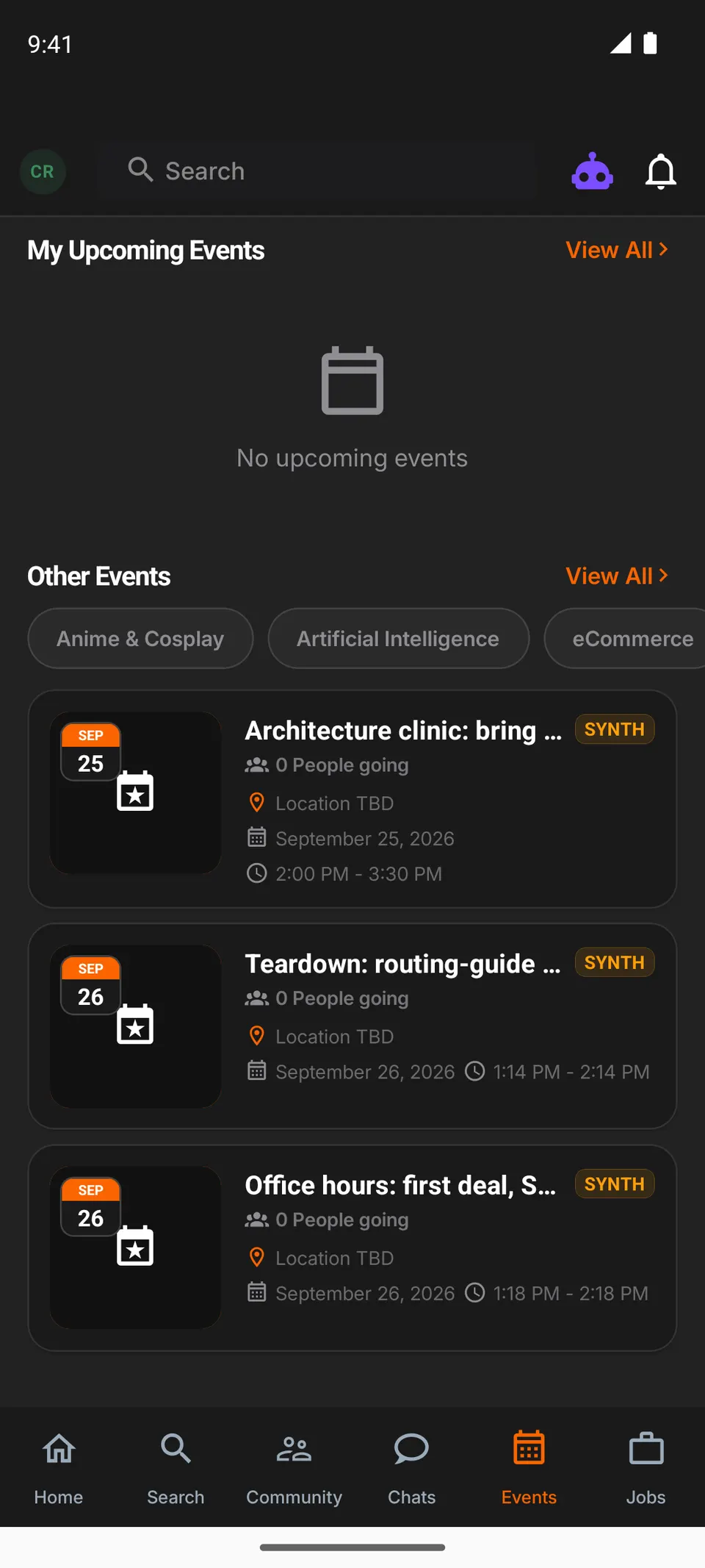 The events list: upcoming SYNTH-labelled sessions with dates and times.